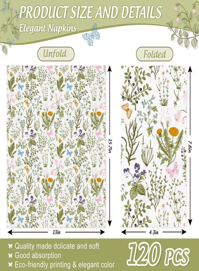 JarThenaAMCS مناديل ورقية للضيوف من JarThenaAMCS، 120 قطعة، بنقشة زهور برية ربيعية، لون أخضر، بنمط زهور برية عتيقة، للاستخدام مرة واحدة، مناسبة للحمام والمنزل وحفلات الزفاف وأعياد الميلاد وحفلات استقبال المولود الجديد، مستلزمات تزيينية - Image 2